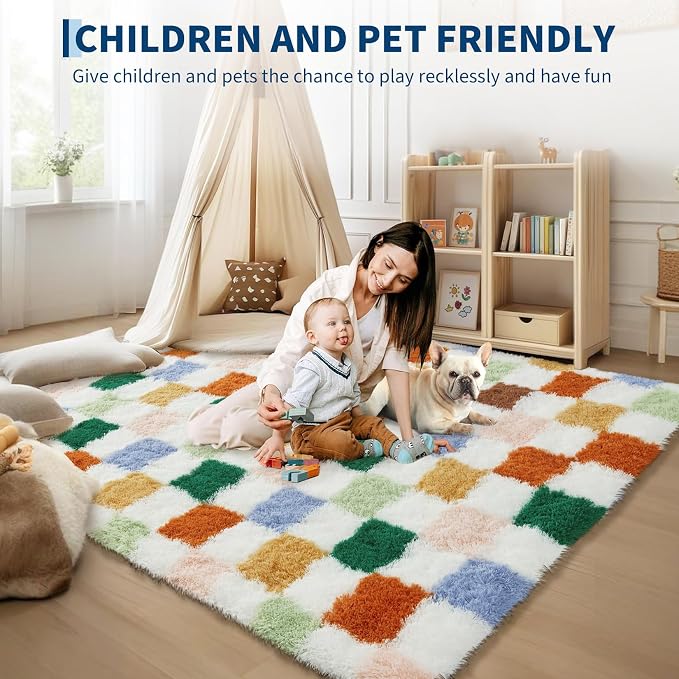 Garvee Large Area Rugs 10x13 Plush Fuzzy Rugs for Living Room,Colorful Checkered Rug Shag Rug for Bedroom, Modern Plush Soft High Pile Upgrade Non-Slip Carpet for Kids Girls and Boys Room Decor
