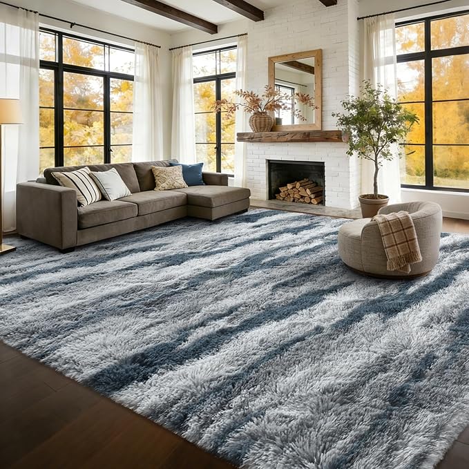 9x12 Extra Large Area Rugs for Living Room, Shaggy Non-Slip Tie-Dyed Rugs for Bedroom Kids Playroom Dorm Room, High Pile Ultra Soft Carpet, Blue