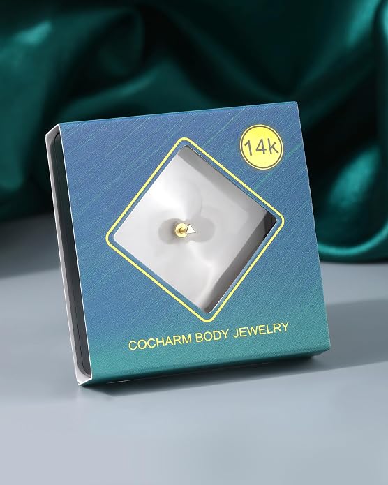 COCHARM 14K Real Gold Helix Tragus Cartilage Piercing Jewelry-Titanium Post-Threadless Tragus Conch Cartilage Earring Stud Flat Back 16g Labret Stud 6mm, 8mm Push Pin Triangle Medusa Jewelry
