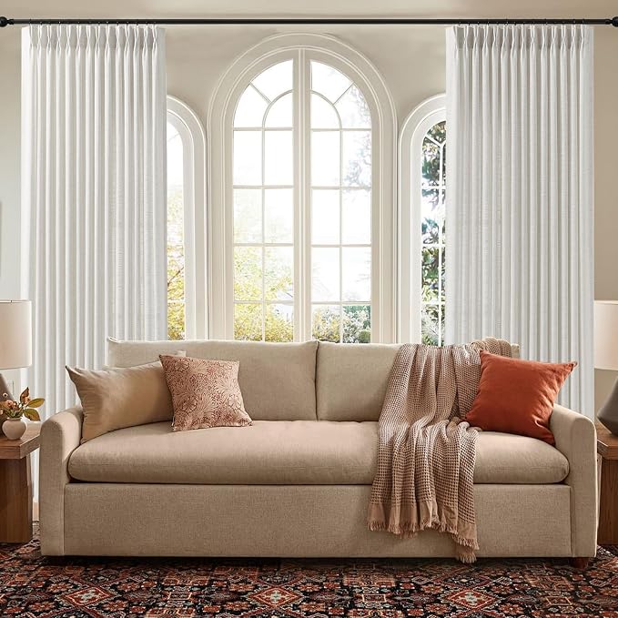 IVAPUPU Pinch Pleated Curtains 90 Inch Long for Living Room, Extra Wide Semi Sheer Pleated Drapes Back Tab Hooks Rings Light Filtering Privacy Linen Curtain for Office, Beige White, 70Wx90L, 1 Panel