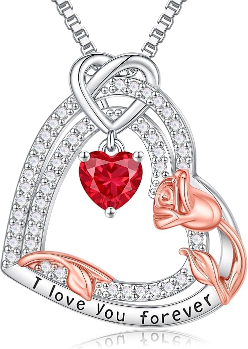 Gifts for Mom 925 Sterling Silver Birthstone Necklace for Women, Heart & Rose Design Birthday Gifts for Mom Wife Her