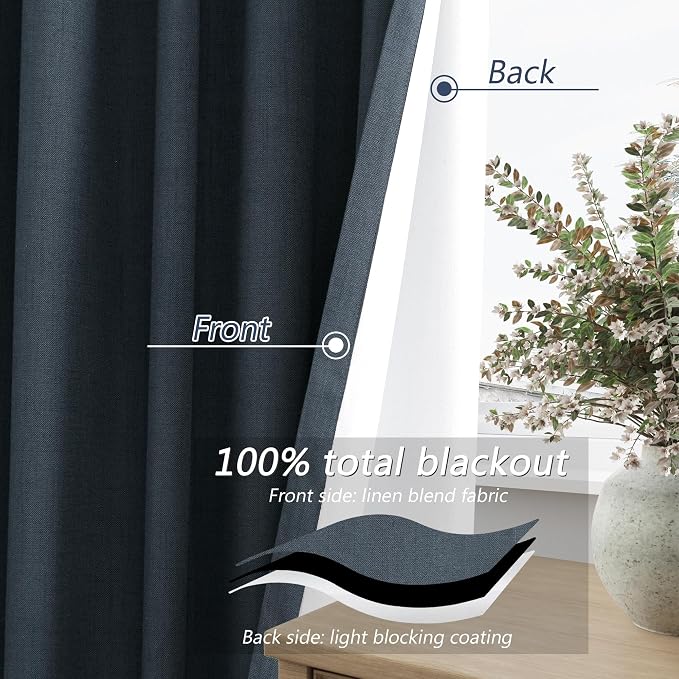 Guken Vintage Blue 100% Blackout Linen Curtains 108 Inch Length 2 Panels Set for Living Room Bedroom Back Tab Rod Pocket Thermal Insulated Black Out Drapes Room Darkening Window Curtains