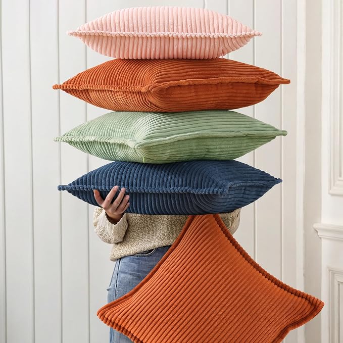 decorUhome Fall Corduroy Navy Blue Throw Pillow Covers 24x24 Set of 2 | Euro Sham Couch Decorative Soft Modern Boho Farmhouse Pillow Covers Broadside Striped Pillow Cases for Living Room Bed Sofa