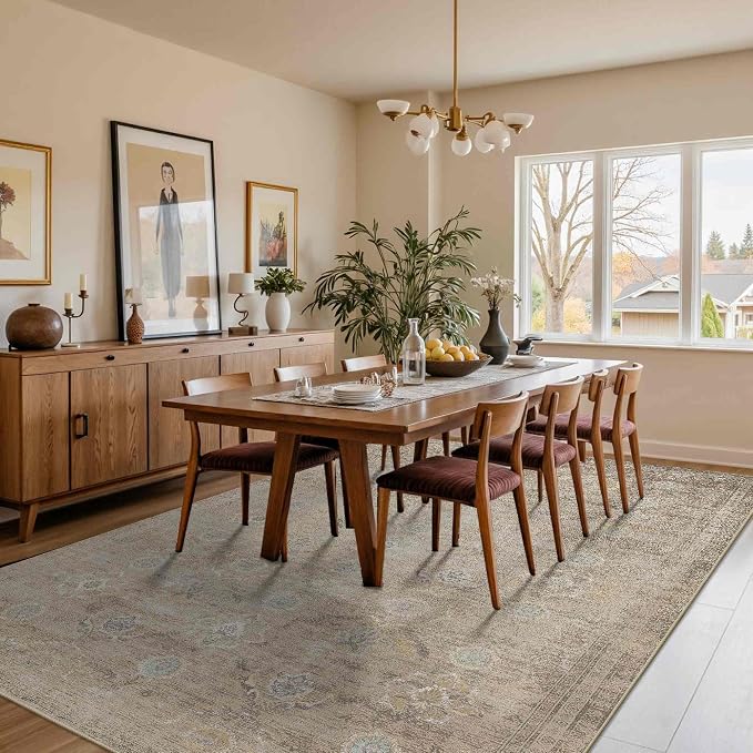 Rugxara Beige 6x9 Area Rugs Washable Rug for Living Room Dining Bedroom | Non Slip, Rug for Office Farmhouse Kids Room, Stain Resistant, Soft, Low Pile, Vintage Boho Floral Retro Carpet, Home Decor