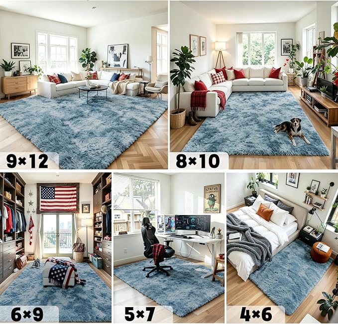 8x10 Area Rugs for Living Room Bedroom Fluffy, Large Area Rug Shag Shaggy Carpet Soft Plush Furry Bedside Rug, Area Rugs for Home Decor(8 x 10, Dark Blue Tie-Dyed)