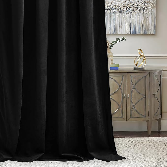 RYB HOME Black Velvet Curtains for Bedroom Living Room, Thermal Insulated Privacy UV Heat Blocking Luxurious Soft Rod Pocket Back Tab Drapes for Nursery, 42" W x 63" L, 2 Panels