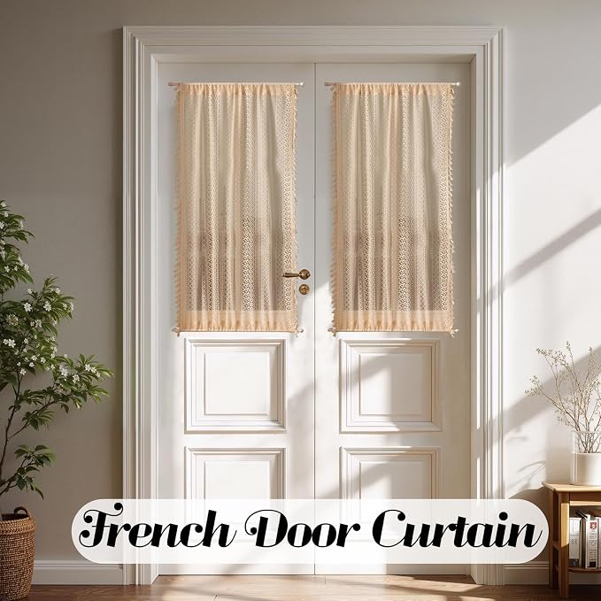 Sutuo Home Beige Door Curtains for Doorway Glass & Sidelights, Vintage Chic Privacy Print Drapes French Country Handmade Tassels Xmas Boho Curtains for Front Door, Rod Pocket 2 Panels 25" W x 40" L