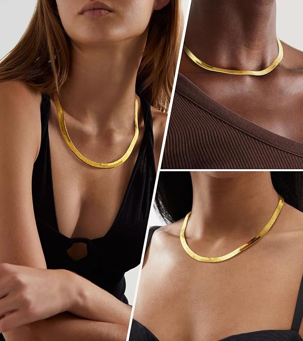 Wowshow 14K Gold Plated Italian Snake Chain Necklace Flat Herringbone Choker Dainty Necklace Bracelet Set for Women 16-18-20 Inch
