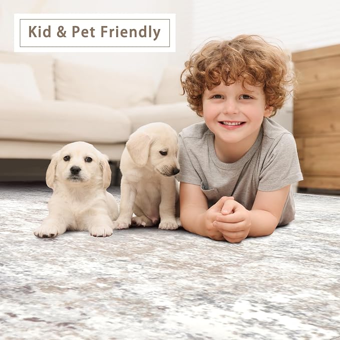 Srugn Washable Rugs 4x6 Area Rugs for Living Room,Bedroom,Kids Room,Nursery- Soft Faux Wool Small Carpets,Non Slip&Non-Shedding Low Pile Vintage Print Rugs for Enterway,Home Office Decor-Beige Grey