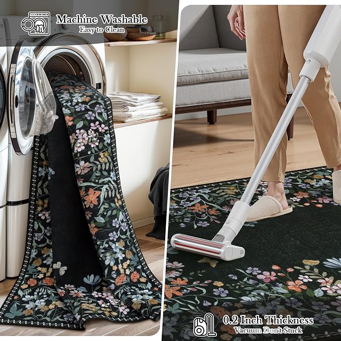 Wonnitar 5x7 Washable Area Rug, Black Floral Rug for Bedroom, Boho Flower Rug for Dining Room, Non Slip Low Pile Living Room Carpet, Botanical Farmhouse Indoor Decor (5x7 Black)