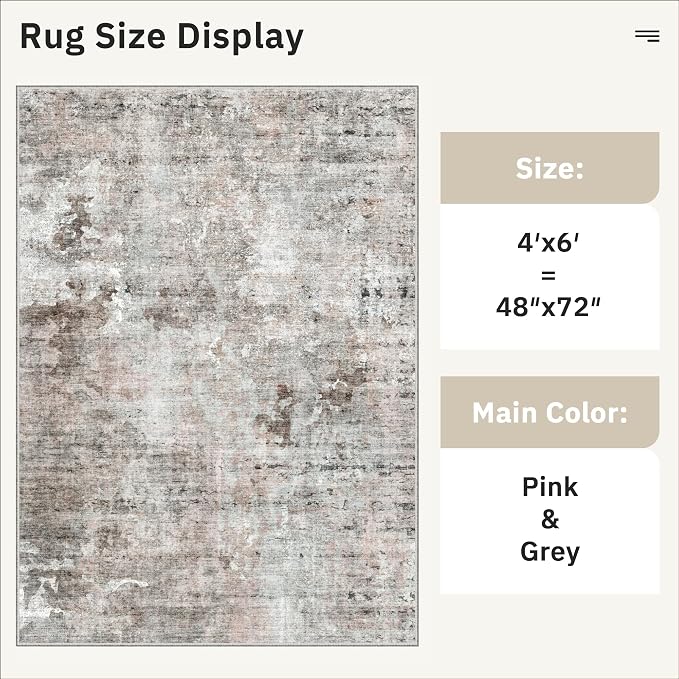 Soalmost Area Rugs 4x6 for Living Room, Vintage Washable Rugs for Dining Room, Kitchen, Non-Slip Area Rug Pink Grey