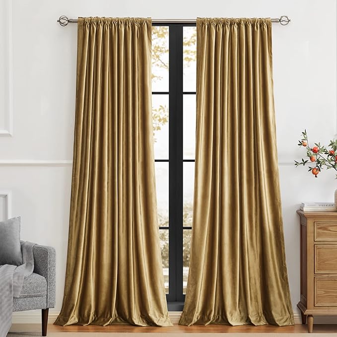 PRIMROSE Golden Velvet Curtains 102 inch Long for Living Room,Set of 2 Panels Blackout Rod Pocket Back Tab Window Treatment Room Darkening Heavy Decorative Curtains Drapes for Bedroom