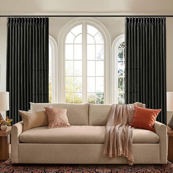 IVAPUPU Pinch Pleated Curtains 90 Inches Long, Light Filtering Thick Linen Textured Curtain Memory Trained Back Tab Window Drapes with Hooks Rings for Bedroom Living Room, 2 Panels, Black, 40x90