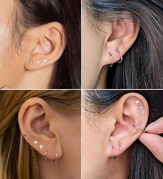 MJust Titanium Earrings for Sensitive Ears 20G Hypoallergenic Stud Hoop Earrings for Women Men Opal Ball CZ Heart Pearl Flat Back Earrings Cartilage Earrings Set
