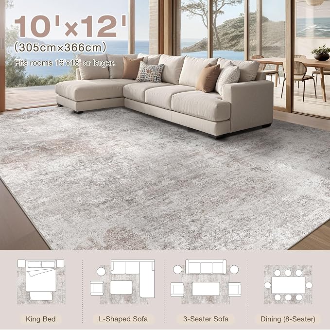 Abstract 10x12 Area Rug: Machine Washable Non Slip Ultra Thin Low-Pile Carpet, Soft Stain Resistant for Living Dining Room Bedroom, Kid Pet Friendly, Robot Vacuum Compatible - Brown Grey