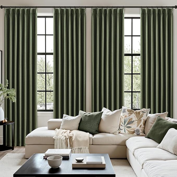 MIULEE Olive Green Pinch Pleated 100% Blackout Linen Curtains 96 Inch Length 2 Panels Set, Black Out Memory Trained Pleat Curtains Light Blocking Room Darkening Drapes for Bedroom Living Room Window