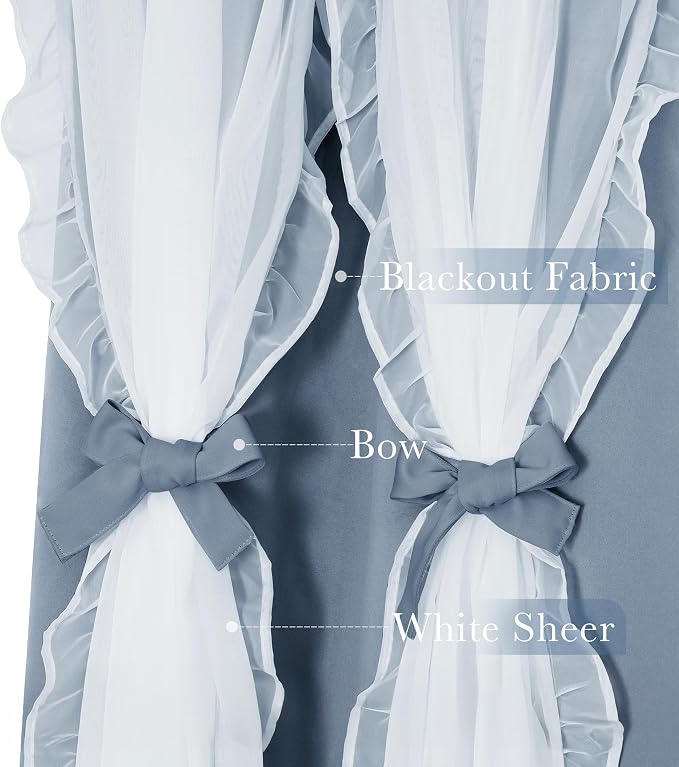 PONY DANCE Girls Curtains for Bedroom Decorative Drapes for Kids Double Layer Curtain Ruffle Sheer Overlay Room Darkening Pretty Chic Princess, 52x108 inch, Pigeon Blue, 2 PCs