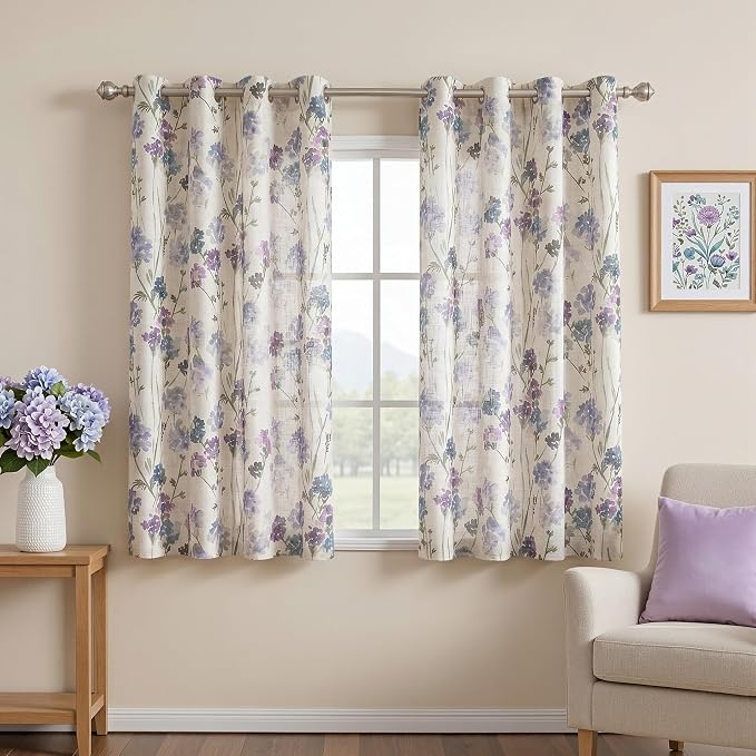 MYSKY HOME Floral Linen Curtains 45 inch Length 2 Panels Set Patterned Semi Sheer Light Filtering Privacy Farmhouse Grommet Drapes for Bedroom Small Window, Purple, 52" Wide Each Panel, Pack-2