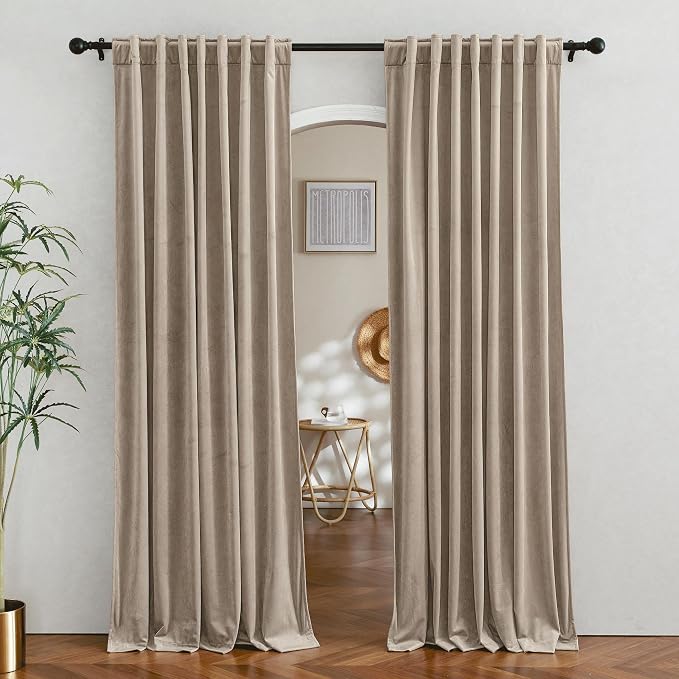 RYB HOME Camel Beige Velvet Curtains for Bedroom Living Room, Thermal Insulated Privacy UV Heat Blocking Luxurious Soft Rod Pocket Back Tab Drapes for Nursery, 42" W x 72" L, 2 Panels