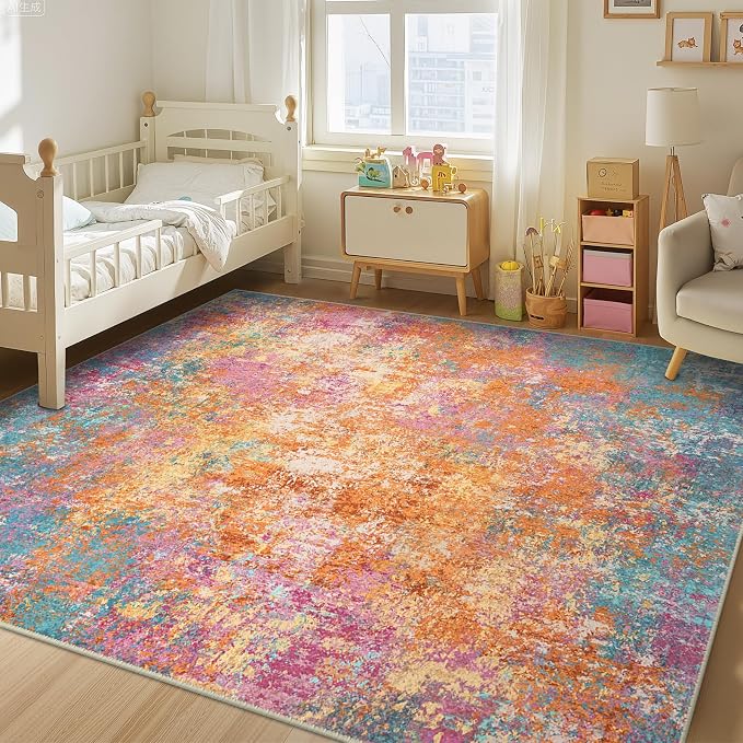 RELEANY Washable Area Rugs 9'x12' Non-Slip Modern Abstract Soft for Living Room Entryway Bedroom Kitchen, Print Pattern, Orange Blue Pink Yellow Colorful
