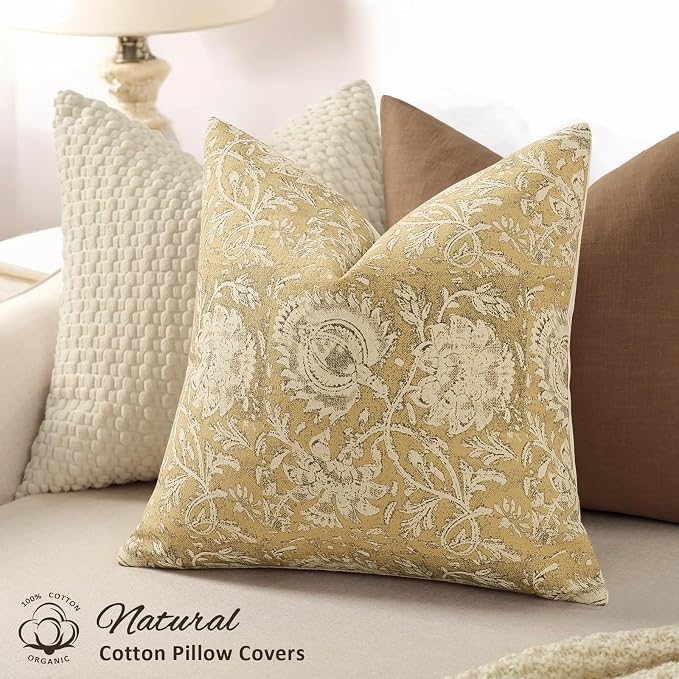 Vintage Floral Print Throw Pillow Covers 16x16 Set of 2 Neutral Modern Farmhouse Pillowcases Accent Decorative Cushion Covers Boho Home Decor for Couch Sofa Chair Bed Living Room, Yellow