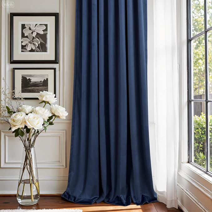 Navy Blue Velvet Curtains 102 Inches Long 2 Panel Soft Luxury Nautical Modern Farmhouse Dark Blue Curtain for Bedroom Dining Living Room Divider Drapes Sun Heat Light Blocking Ceiling to Floor Length