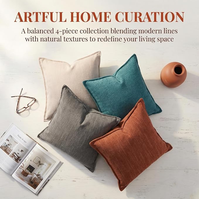 18x18 Inches Throw Pillow Covers Set of 4 Soft Textured Chenille Decorative Cushion Cases for Couch Sofa Bed Modern Farmhouse Neutral Accent Covers with Hidden Zipper Colorful