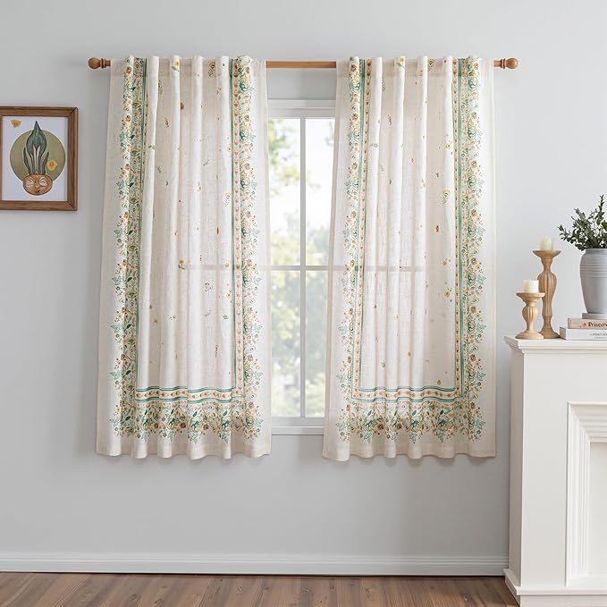 MYSKY HOME Boho Floral Curtains 63 inch Linen Blend for Bedroom Kitchen Bohemian Style Farmhouse Flower Patterned Home Decor Light Filtering Back Tab Drapes, 50x63 Inch, Yellow and Blue, 2 Pcs