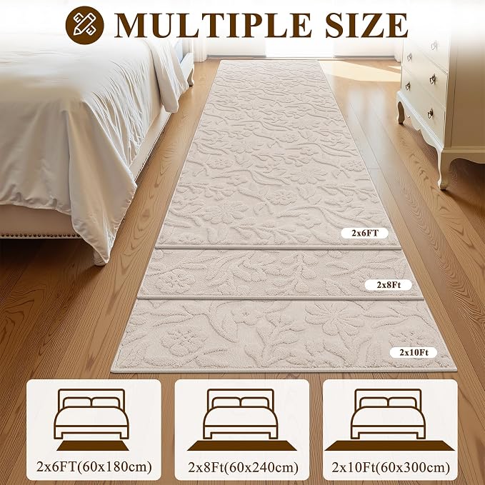 Vaukki 2x6 Runner Rug for Living Room, Soft Fluffy Washable Modern Floral Indoor Floor Mat, Non Slip Shaggy Boho Accent Throw Carpet for Bedroom, Living Room, Nursery and Dining Room, Beige