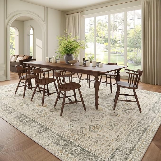 Boho Washable 9x12 Area Rugs for Living Room, Cushioned, Beige/Grey | Vintage Non-slip Neutral Oriental Rugs for Bedroom Dining Room Nursery Office High Traffic Area