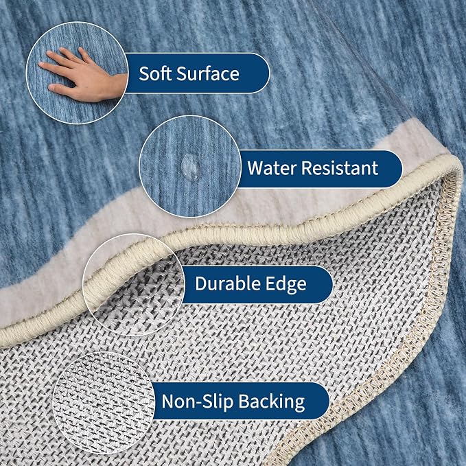 GarveeHome Scalloped Washable Area Rugs 9 x 12 Rug for Living Room Modern Non Slip Throw Rugs Blue Rug Large Bedroom Rugs Low Pile Stain Resistant Carpet for Dining Room Nursery 9 ft x12 ft Blue