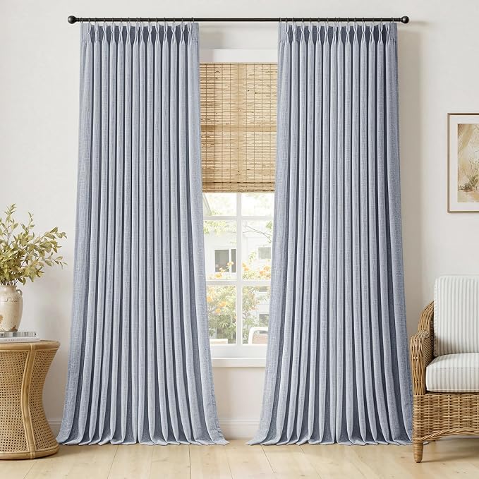 MIULEE Pinch Pleated Thick Linen Curtains 108 Inches Length 2 Panels for Living Room Bedroom, Extra Long Pinch Pleat Drapes Back Tab Light Filtering Light Blue Foor to Ceiling Curtains with Hooks