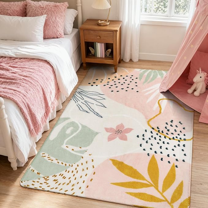 Lahome Pink Boho Nursery Rug 4x6, Washable Non Slip Soft Botanical Area Rug for Girls Bedroom Kids Room Playroom Dorm Apartment Decor