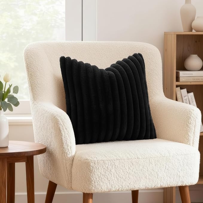 decorUhome Fall Faux Fur Throw Pillow Covers 16x16 Set of 2 Black | Decorative Soft Cozy Striped Plush Modern Farmhouse Boho Couch Pillow Cases Velvet Back for Sofa Bed Living Room Home Decor