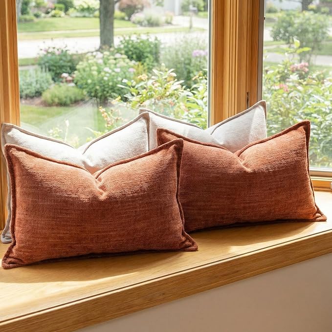 12x20 Inches Throw Pillow Covers Set of 4 Soft Textured Chenille Decorative Cushion Cases for Couch Sofa Bed Modern Farmhouse Neutral Accent Covers with Hidden Zipper Beige Orange