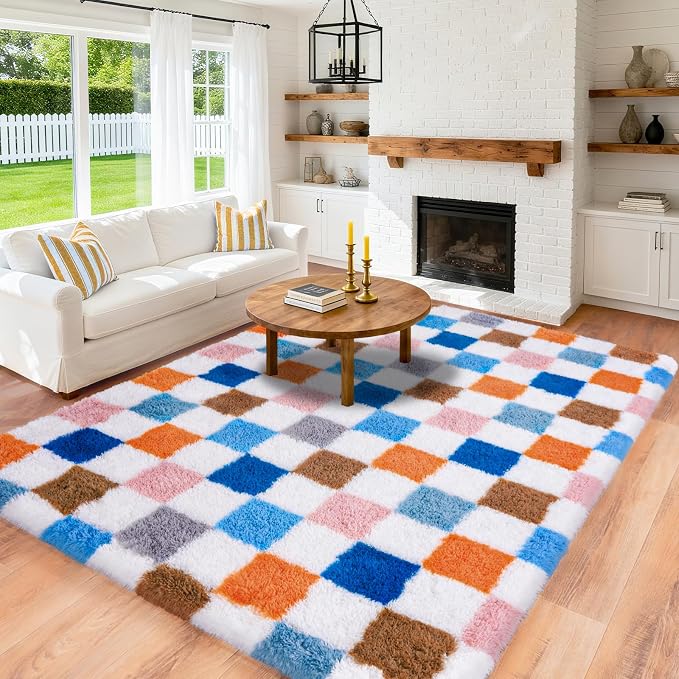 Pionblank Fluffy Area Rug for Bedroom 5x7, Modern Indoor Shag Carpet, Soft Plush Non Slip Checkered Rugs for Living Room Kids Room Home Decor, Rainbow