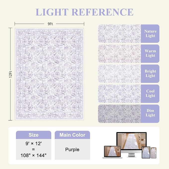 DUKINO 9x12 Area Rug for Living Room, Vintage Floral Washable Rug, Purple | Non Slip, Low Pile, Non-Shedding, Stain Resistant, Aesthetic Soft Indoor Large Carpet for Bedroom Dining Room Farmhouse