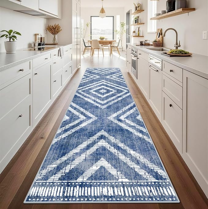 2x10Ft Boho Hallway Runner Rugs Non Slip, Blue Geometric Washable Rug Runners for Kitchen, Soft Low Pile Modern Farmhouse Entryway Floor Carpets for Entrance Doorway Bedroom Home Decor