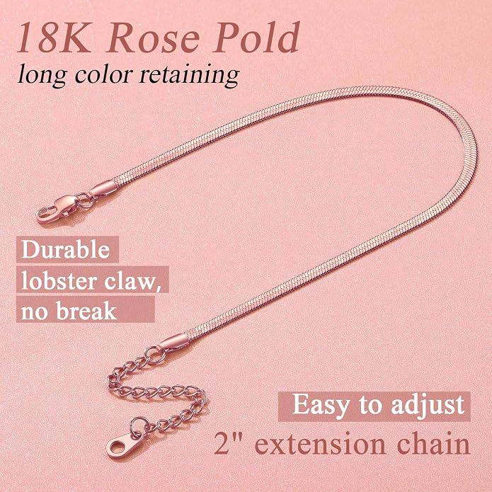 FindChic Elegant Herringbone Snake Chain Anklets/Bracelets 3MM/5MM Width Stainless Steel/18K Gold/Rose Gold Plated/Black 4 Color Options, 8.3'' 8.5'' 10.5'' Length, with Gift Box