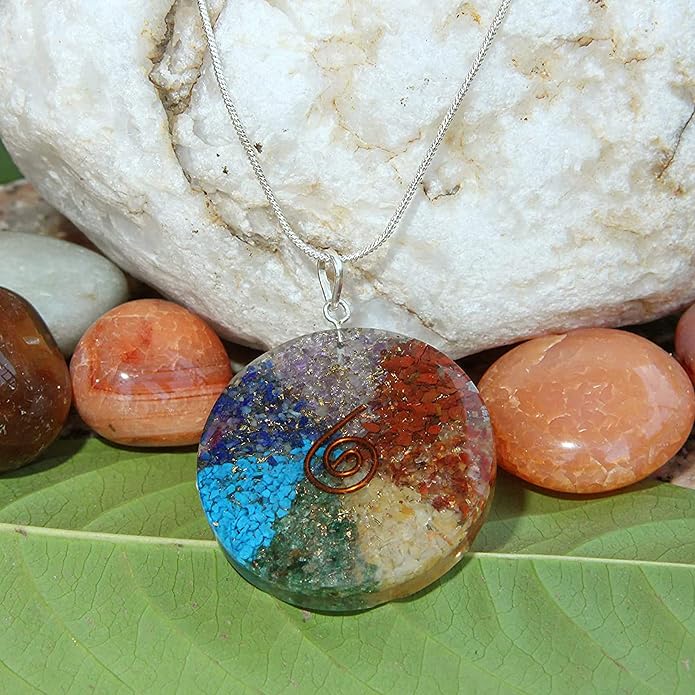 Ayana Crystals Orgonite Chakra Pendant Necklace – Ethically Sourced Authentic Healing Stones - Disk Hex Design with 7 Types of Bionized Crystals for Each Chakra - Unique Necklace for Women