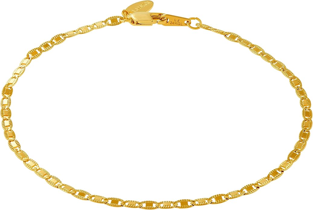 LIFETIME JEWELRY Womens Gold Anklet 2.5mm Flat Mariner Link Ankle Bracelet 24k Real Gold Plated