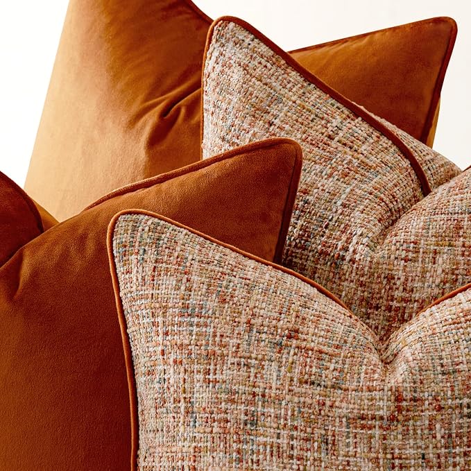 a moment Fall Orange 4 Pack Throw Pillow Covers - Chenille & Velvet Set with Piping, Farmhouse Textured Design Cushion Cases for Couch Sofa Bed (18x18 Inch, No Insert)