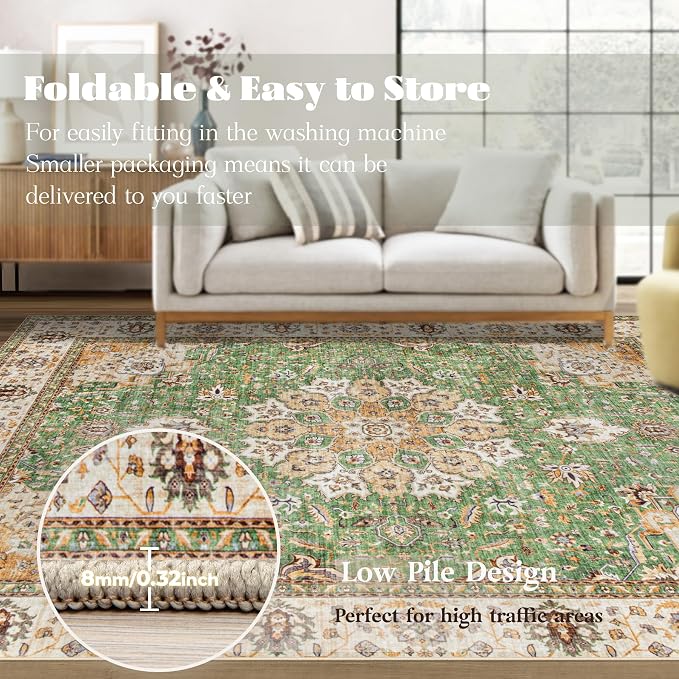 Area Rug 6x9 Washable Rug, Vintage Boho Medallion Rugs Non-Slip Soft Low Pile Large Distressed Rug Indoor Retro Carpet for Living Room Bedroom Dining Room Home Office (Vintage Green, 6'x9')