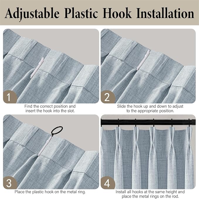 MIULEE Pinch Pleated Thick Linen Curtains 90 Inch 4 Panels Set Back Tab Memory Trained Pinch Pleat Semi Sheer Light Filtering Privacy Let Light in Window Drapes for Living Room Bedroom Chambray Blue