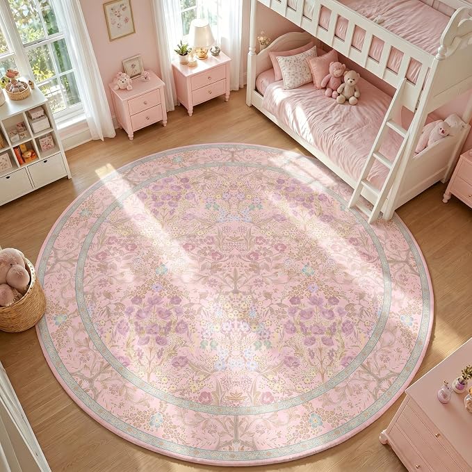 Lunasun Light Pink Large Round Rug for Living Room - 8ft Circle Area Rug for Bedroom, Kids Room, Home Office, Foyer, Non Slip Washable Botanical Floral 8 x 8 Décor