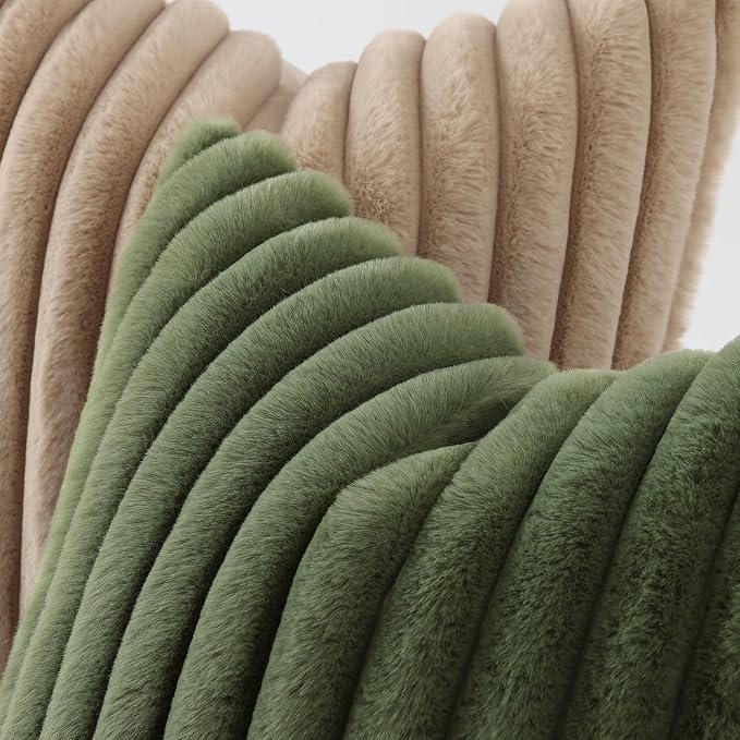decorUhome Fall Faux Fur Throw Pillow Covers 22x22 Set of 2 Olive Green | Decorative Soft Cozy Striped Plush Modern Farmhouse Boho Couch Pillow Cases Velvet Back for Sofa Bed Living Room Home Decor