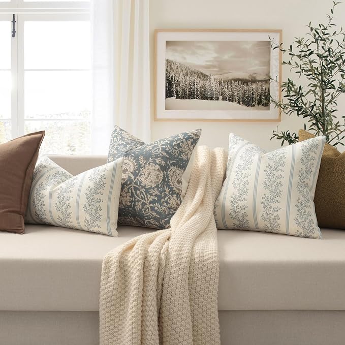 Vintage Throw Pillow Covers 26x26 Set of 2, Striped Floral Pillow Cover Botanical Patterned Decorative Cushion Covers Modern Farmhouse Home Decor for Sofa Couch Bed Living Room, Light Blue