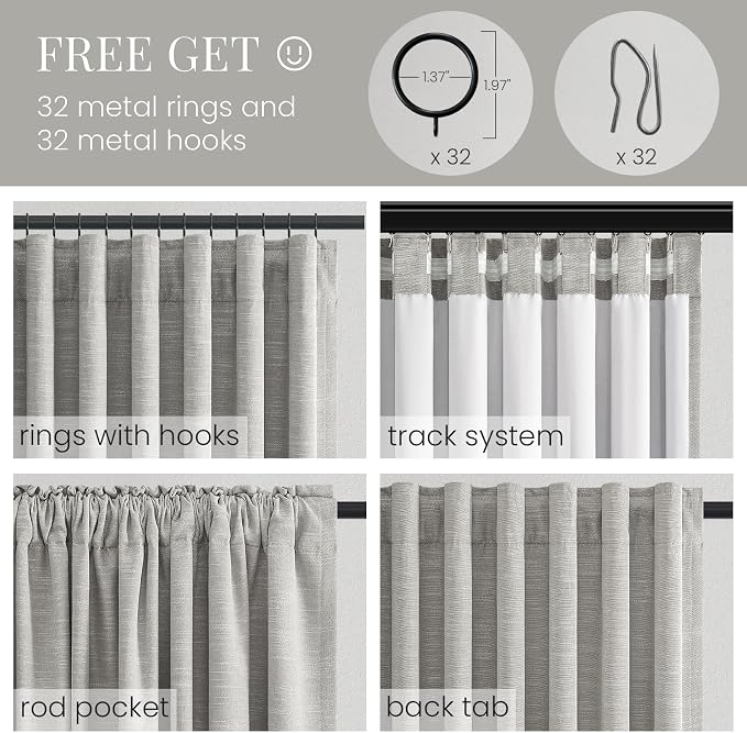Topfinel Full Blackout Curtains 96 Inch Long 8 FT Tall for Bedroom Nursery, Light Greige Thermal Blackout Drapes Back Tab for Track System, Rustic Linen Blend 2 Panels Set Grey Beige 52" W*96" L