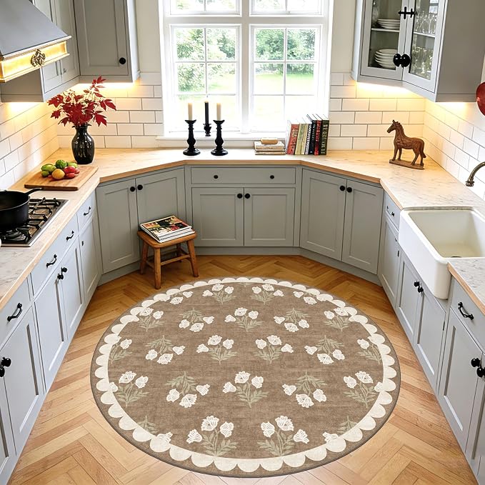 Tan Entryway Round Rug 4ft - Washable Boho Floral Neutral Farmhouse Scalloped Round Area Rug for Bedroom Non Slip Stain Resistant Circle Rugs for Living Room Kitchen Entryway Bathroom Nursery