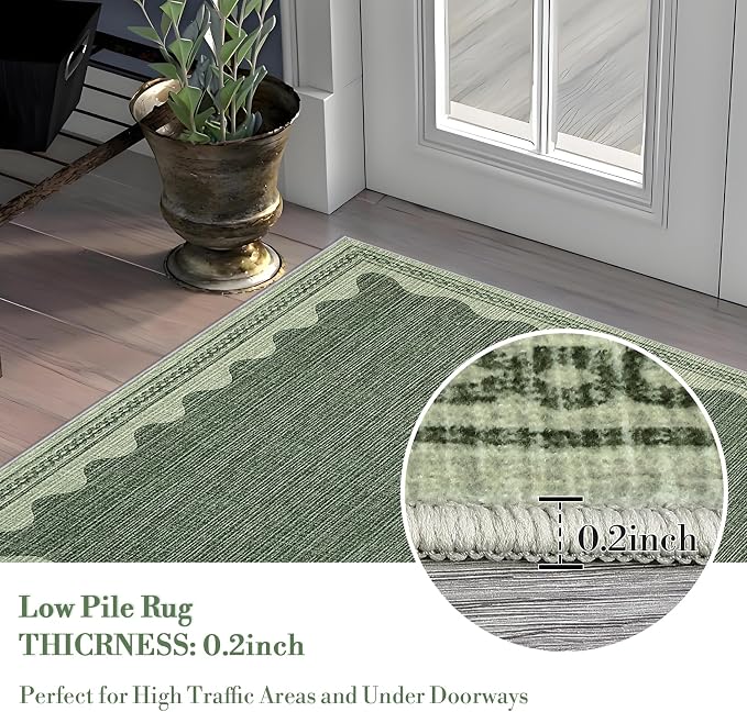 8x10 Scalloped Area Rugs Green Washable Living Room Bedroom Rug | Solid Tan Rug for Bedroom Girls, Non Slip Throw Carpet With Rubber Back, Soft Dorm Nursery Scalloped Rugs for Dining Room